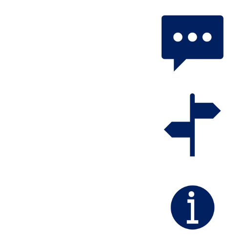 Association de 3 pictogrammes : une bulle de conversation, un panneau de signalement et un i dans un rond représentant le mot information